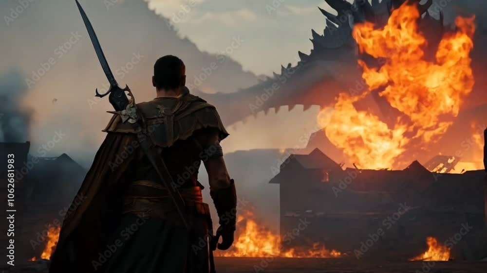 Warrior facing giant dragon attacking village engulfed in flames. Fantasy battle concept