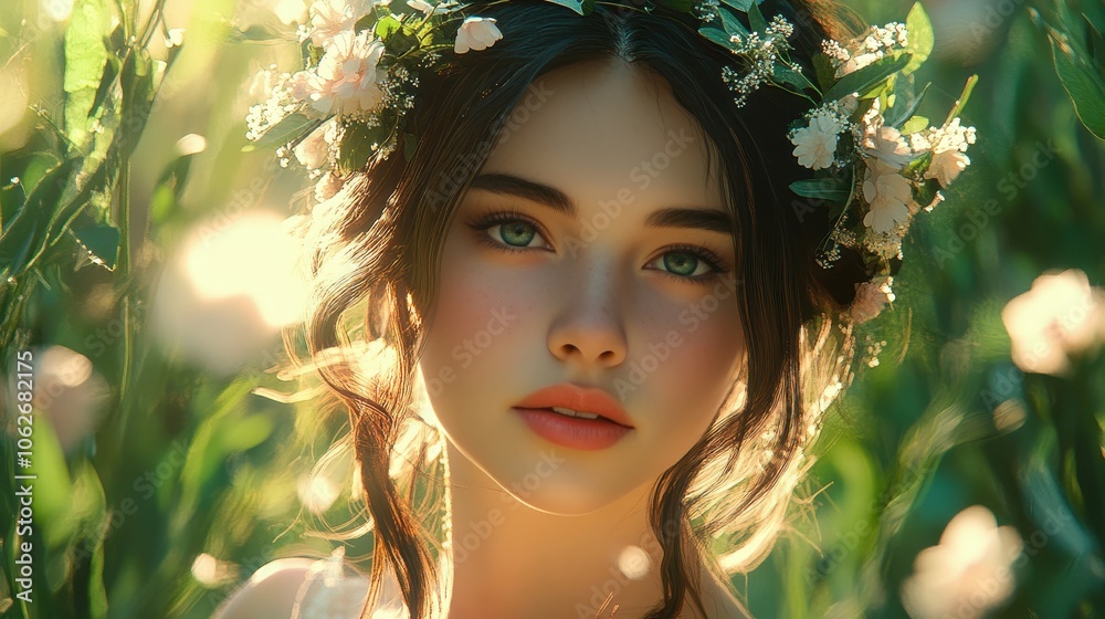 Young bride in a sunlit garden wearing floral crown. Generative AI image Young bride in a sunlit garden wearing floral crown. Generative AI image