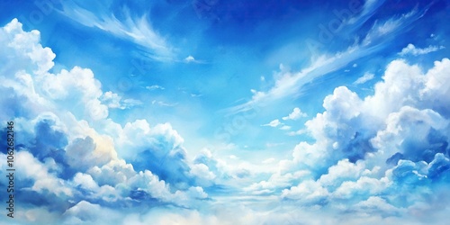 artistic watercolor painting of blue sky with white clouds abstract background