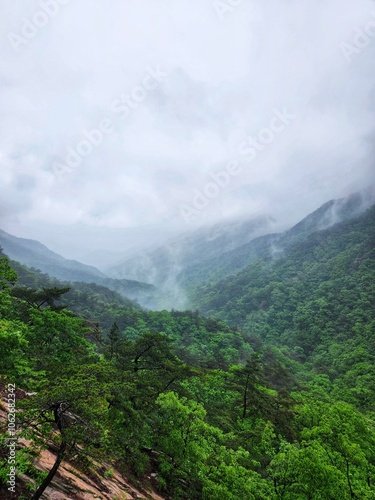 Aerial panorama view of Gyeryongsan mountain in Gohyeon city of South Korea. rainy day in Gyeryongsan National Park, South Korea. rainy season in the mountains. hiking in korean mountains.