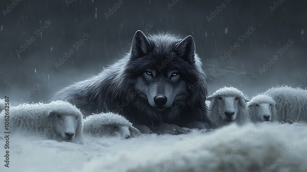 Dark-furred wolf hiding in plain sight among serene white sheep, creating an atmosphere of intrigue, foggy background, soft light casting delicate shadows, cinematic depth, Dark-furred wolf hiding in plain sight among serene white sheep, creating an atmosphere of intrigue, foggy background, soft light casting delicate shadows, cinematic depth,