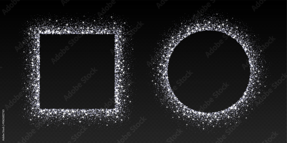 Silver glitter frames, shimmering borders in circle and square shapes, festive holiday sparkles. Christmas decoration. Vector illustration.