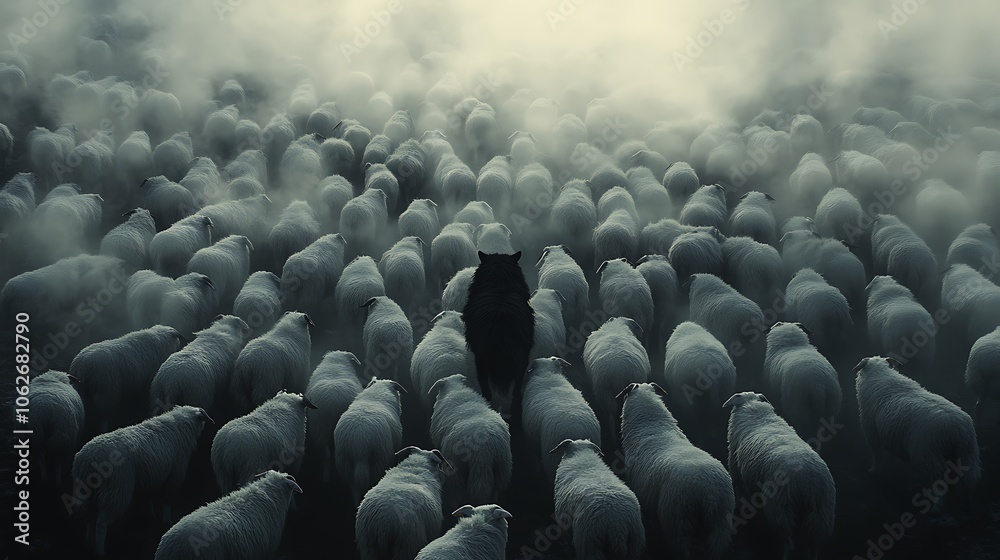 Obraz premium Drone perspective over a huge flock of white sheep with a black wolf at the center, its silhouette bold against the surrounding sheep, foggy morning enhancing the scene’s depth, cinematic shadows,