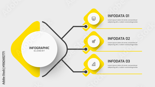 Business Central Circle Infographic Template with Abstract Design, 3 Options and Icon. Suitable for Process Diagram, Presentations, Workflow Layout, Banner, Flow Chart