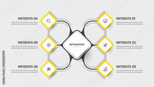 Flowchart Infographic with 6 Rhombus Label Connected to Main Rhombus. Suitable for Process Diagram, Presentations, Workflow Layout, Banner, Flow Chart