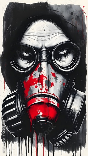 Black Red White Graphic Art Gas Mask Ink Splatter  photo