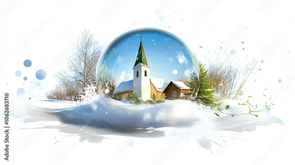 Naklejka premium A snow globe with a church and a house inside, surrounded by snow and wintery elements.