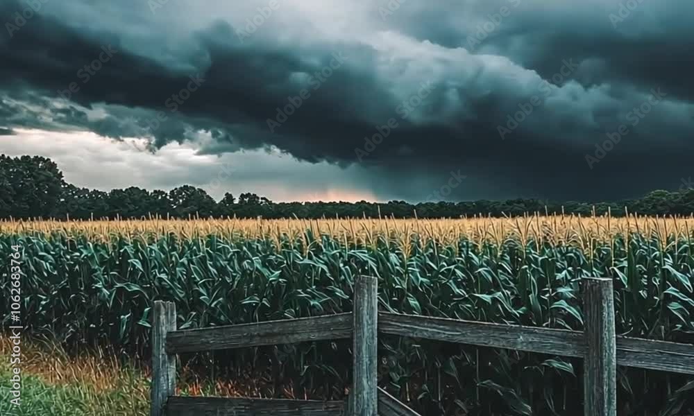 3d view of corn fields with thick and dark clouds