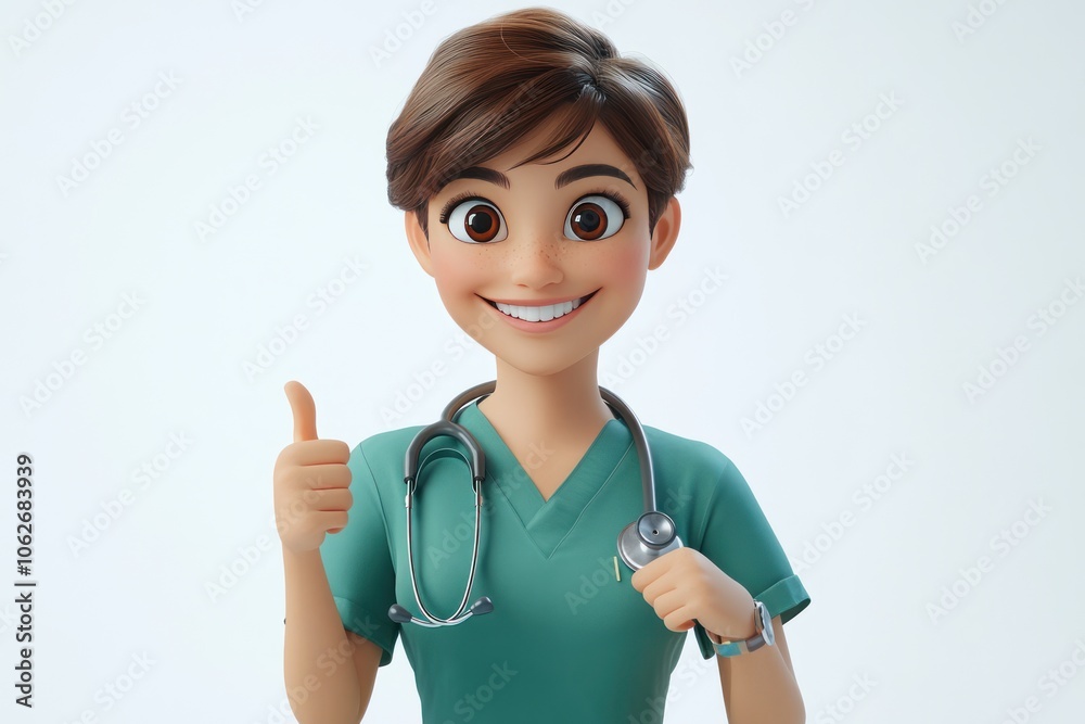 Cheerful Cartoon Female Doctor with Stethoscope Giving Thumbs Up Cheerful Cartoon Female Doctor with Stethoscope Giving Thumbs Up
