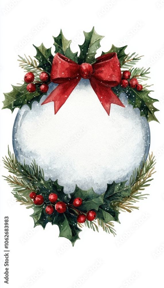 Christmas ornament with holly, red bow, and blank space for customization. Christmas ornament with holly, red bow, and blank space for customization.