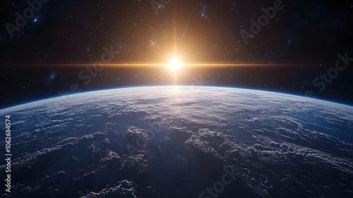 Stunning view of Earth with the sun rising above the horizon in space.