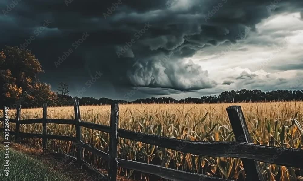 3d view of corn fields with thick and dark clouds