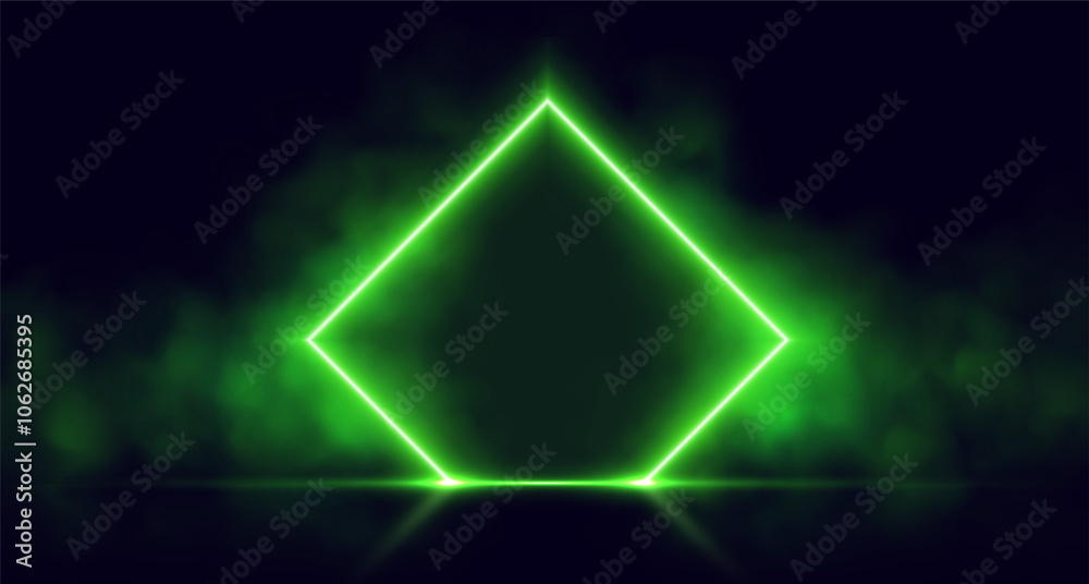 Neon door with smoke, green glowing portal, futuristic rhombus gate, magic border with vapor. Vector illustration. Neon door with smoke, green glowing portal, futuristic rhombus gate, magic border with vapor. Vector illustration.