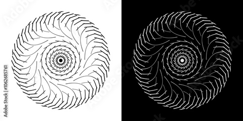 Abstract background with abstract line pattern in circles. Spiral art design as a logo or icon. A black figure on a white background and the same white figure on a black side. Mandala design with line