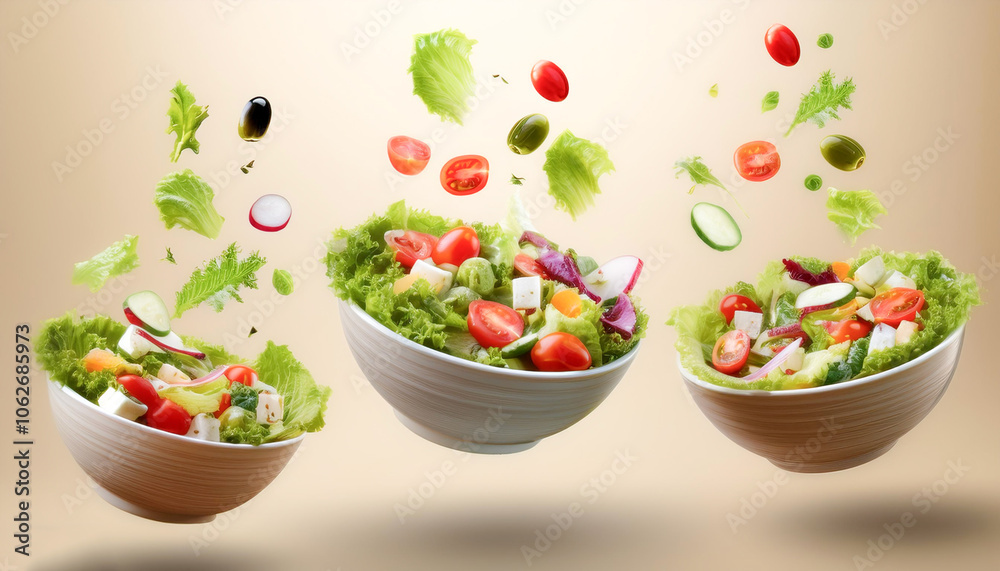 Salad bowls floating or flying isolated on biege background Salad bowls floating or flying isolated on biege background