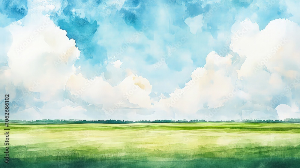 Fototapeta premium A serene watercolor summer landscape with a vast green field, soft blue sky, and fluffy white clouds, blended together in gentle brush strokes, creating a peaceful horizon.