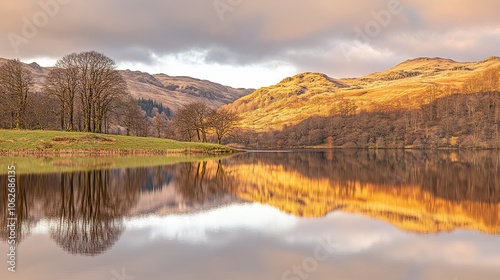 Still Body of Water Reflecting Colorful Dusk Sky, Framed by Natural Elements for Depth and Tranquility