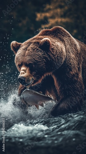 A powerful grizzly bear standing in a rushing river, its massive paw swiping through the water as it catches a leaping salmon