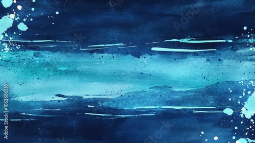 A vibrant watercolor texture combining navy blue with splashes of light turquoise, creating a summery ocean-inspired banner template for design, featuring gentle wave-like strokes.