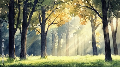Watercolor painting of a tranquil forest scene, with tall trees swaying gently in the breeze, sunlight filtering through the leaves, and soft green grass beneath.