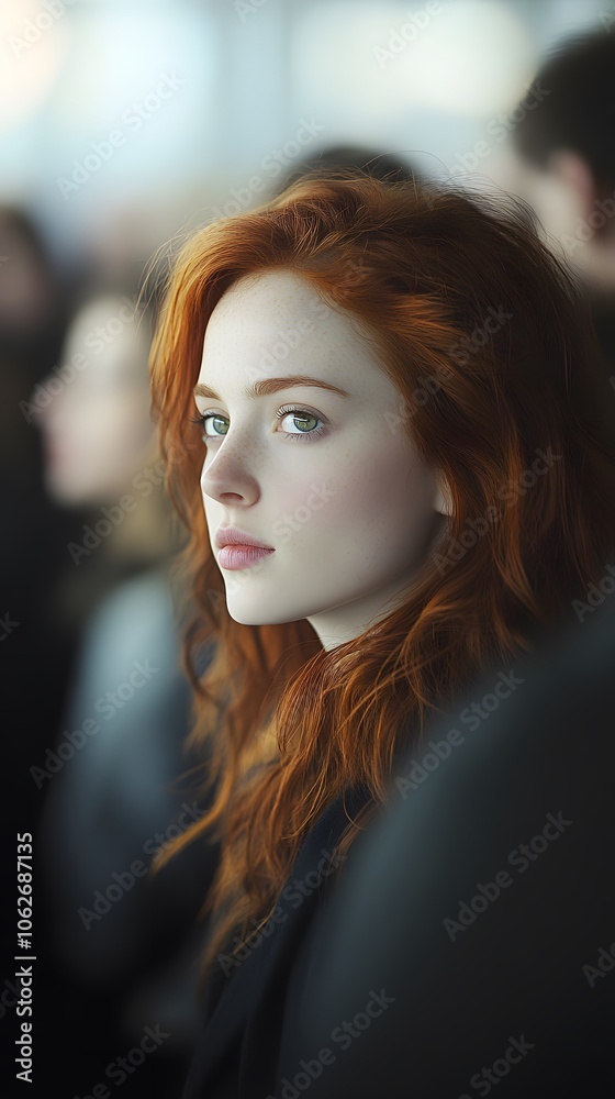 A young woman with striking red hair gazes thoughtfully in a crowded setting. A young woman with striking red hair gazes thoughtfully in a crowded setting.