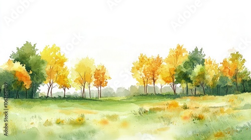 Watercolor scene of a green tree farm during autumn, with hints of yellow and orange mixing into the green leaves, creating a transition between seasons in the landscape.