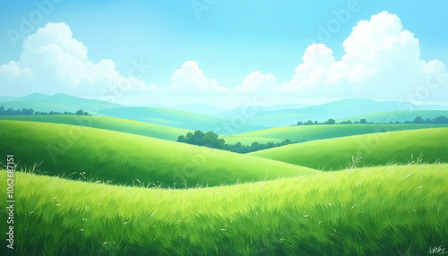 Lush landscape oil painting background, thick brushstrokes of green and blue depicting rolling hills and a bright sky, rich and textured