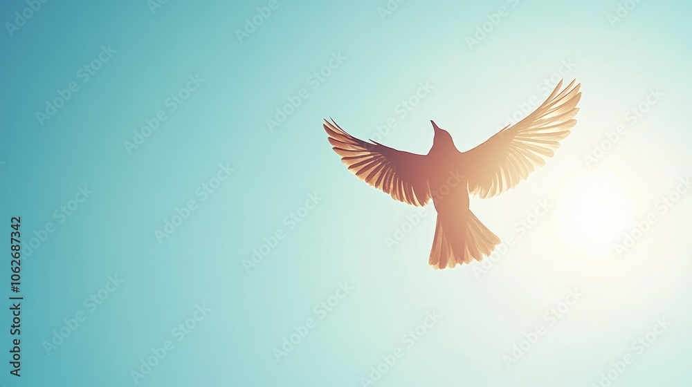 Obraz premium Bird in Flight Against Bright Blue Sky