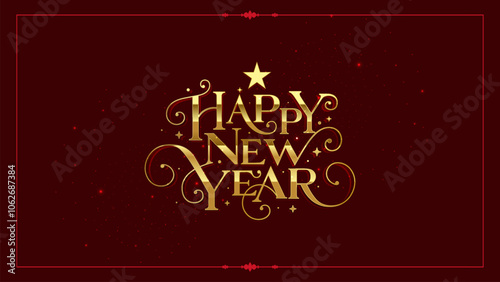 Elegant Gold Happy New Year Text Design on Dark Red Background for Greeting Cards, Social Media, Print Materials, Event Decor, and Website Banners