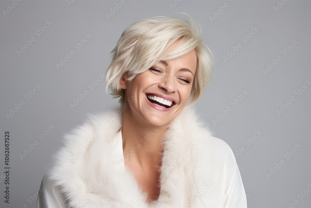 Portrait of a beautiful middle aged woman laughing, wearing white fur coat Portrait of a beautiful middle aged woman laughing, wearing white fur coat
