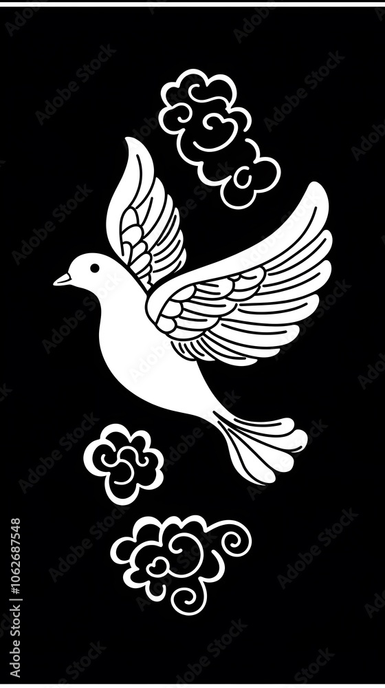 Fototapeta premium Elegant white bird with wings spread, surrounded by stylized clouds on a black background.