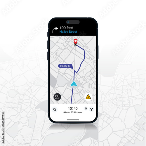 GPS Navigation Map App: Smartphone Map with Red Pinpoint and blue direction arrow on Isolated Line Maps Background. Vector.