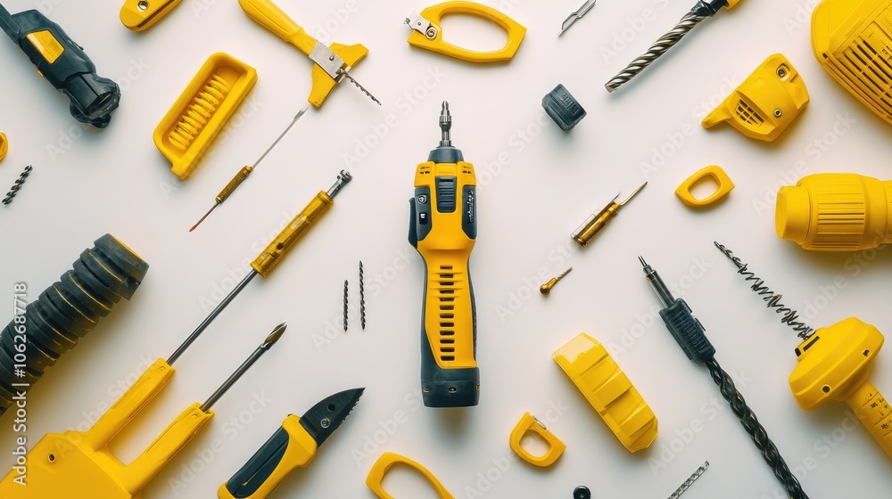 Fototapeta premium Yellow Hand Tools Laid Out on White Background