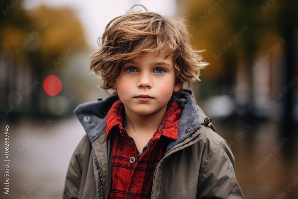 Portrait of a cute little boy with curly hair in a warm jacket. Portrait of a cute little boy with curly hair in a warm jacket.