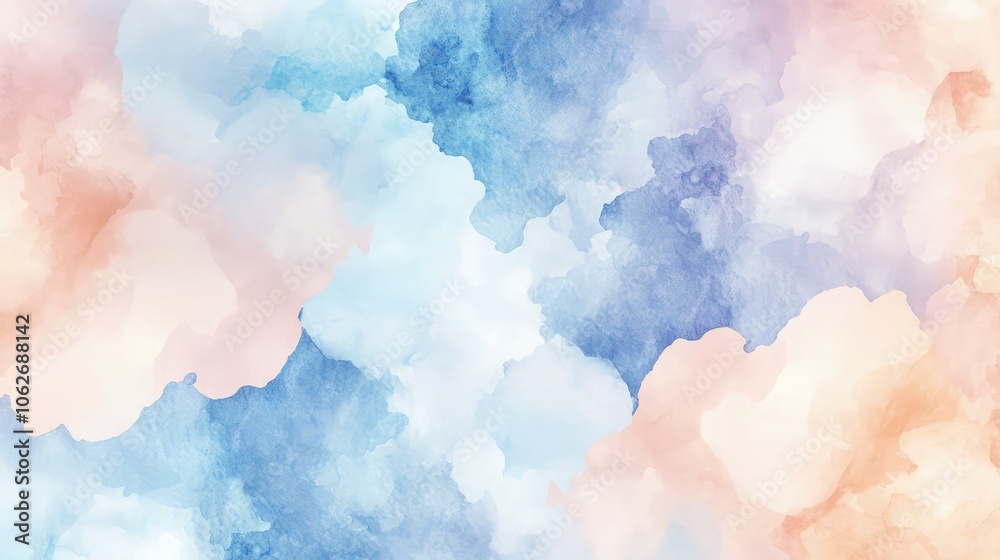 Fototapeta premium Soft pastel watercolor texture blending shades of sky blue, peach, and light lavender, creating a serene summer banner template with flowing cloud-like forms.