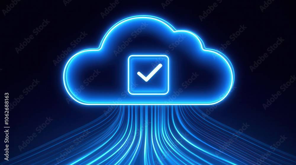 glowing cloud symbol with checkmark, representing secure downloads and data storage glowing cloud symbol with checkmark, representing secure downloads and data storage