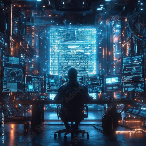 A man sits in front of many computer monitors. Ideal for technology and business concepts