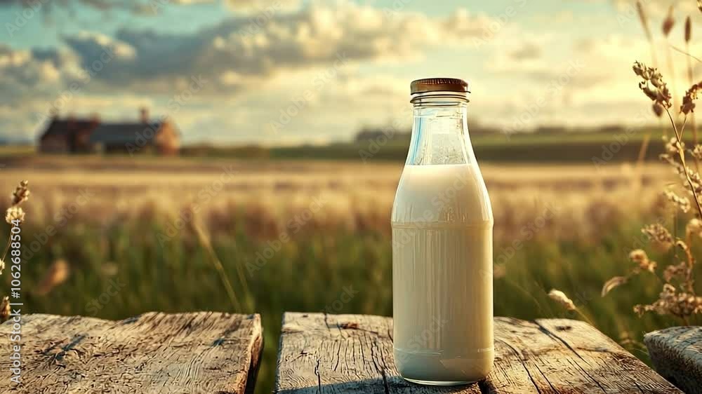 Milk from local farm, with a bottle or glass of milk placed in a rustic, pastoral setting, possibly with elements like farm animals or fields in the background, Milk from local farm, with a bottle or glass of milk placed in a rustic, pastoral setting, possibly with elements like farm animals or fields in the background,