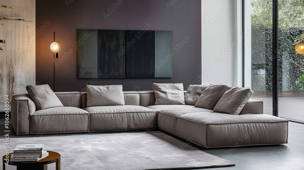 Black and white large living room. A chic room with a huge lounge hall Black couch and white empty walls., Stylish interior of room with comfortable big sofa near dark brick wall