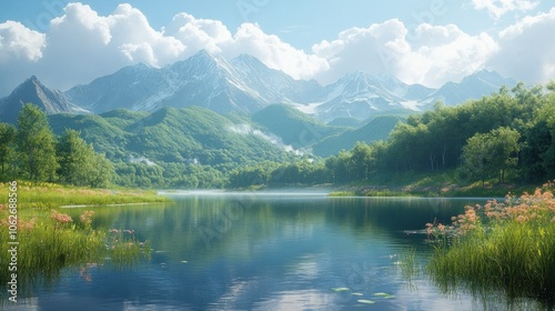 Serene mountain landscape with a tranquil lake and lush greenery.