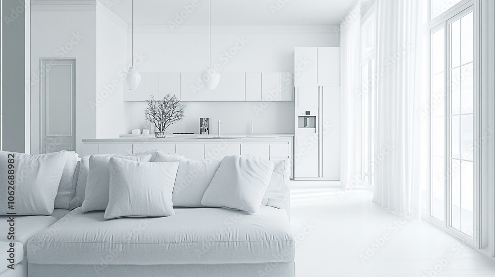 Obraz premium Stylish white living room interior with gray sofa mock up, modern interior background, Mockup design for poster on living room. Brutal interior style. 