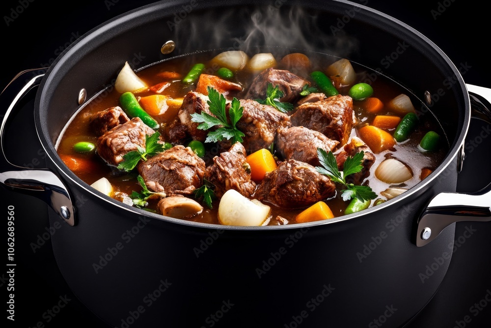 3D-rendered pot of stew simmering with vegetables and meat, with steam and detailed textures creating a rich, inviting scene 3D-rendered pot of stew simmering with vegetables and meat, with steam and detailed textures creating a rich, inviting scene