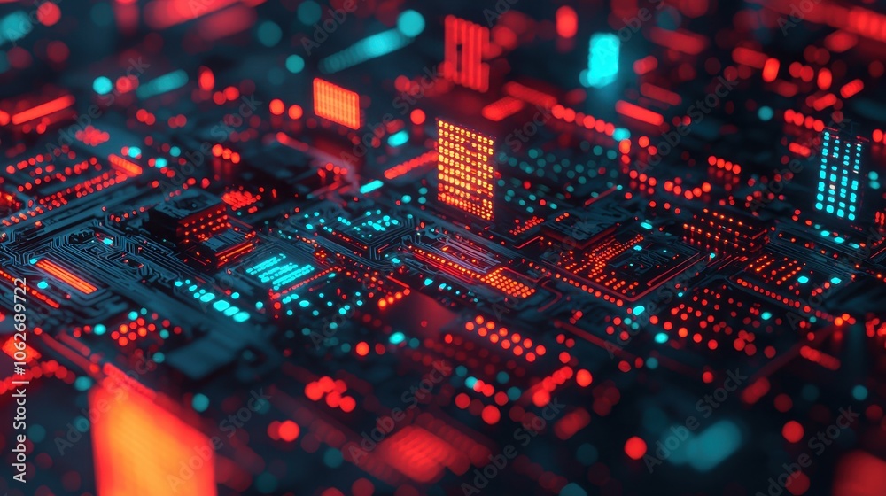 Futuristic Abstract City with Red and Blue Lights