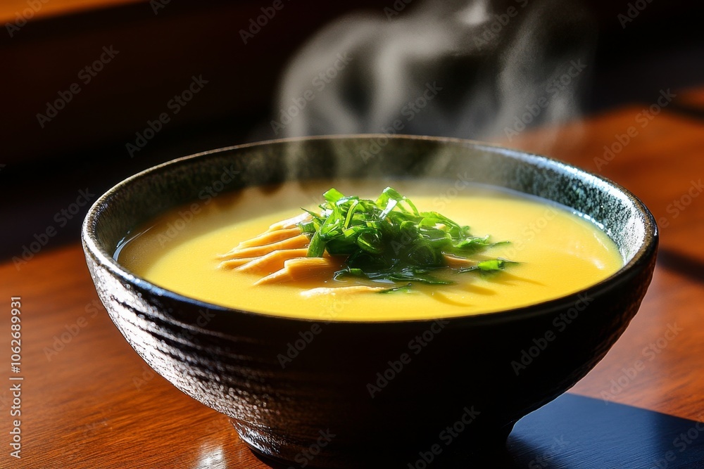 A bowl of soup with steam rising gently, creating a homey, comforting scene, with warm light reflecting off the surface of the broth A bowl of soup with steam rising gently, creating a homey, comforting scene, with warm light reflecting off the surface of the broth