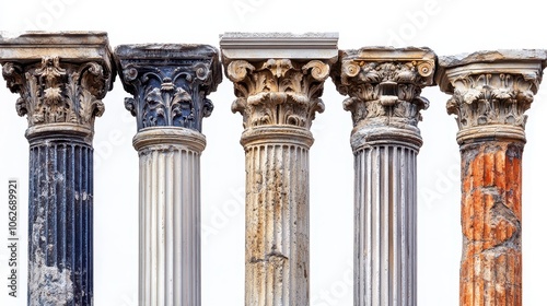 Collection of different Greek columns on white background