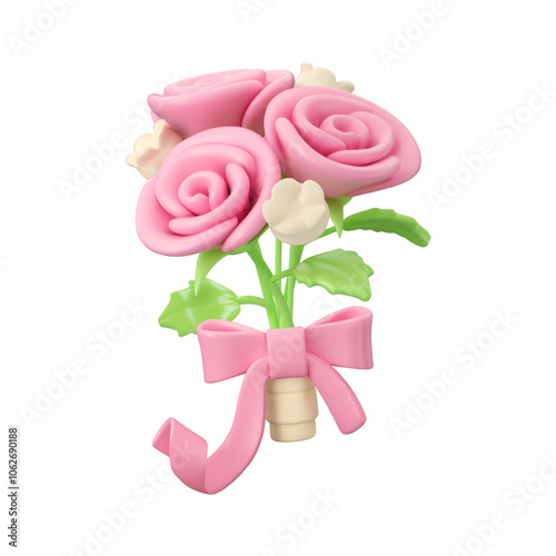 Wedding bouquet vector 3d icon. Cartoon bridal pose isolated on white background. Pink roses with ribbon and bow emoji