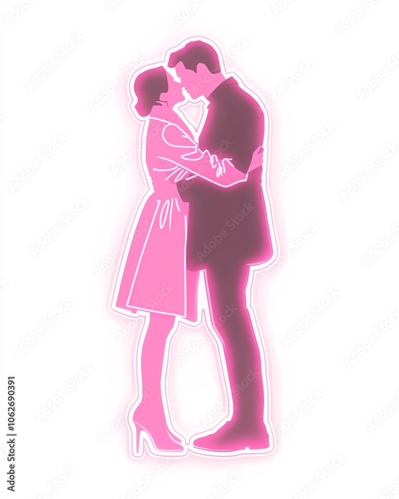 Couple embracing in a loving kiss silhouette, vibrant pink glow, white isolated background. Couple embracing in a loving kiss silhouette, vibrant pink glow, white isolated background.