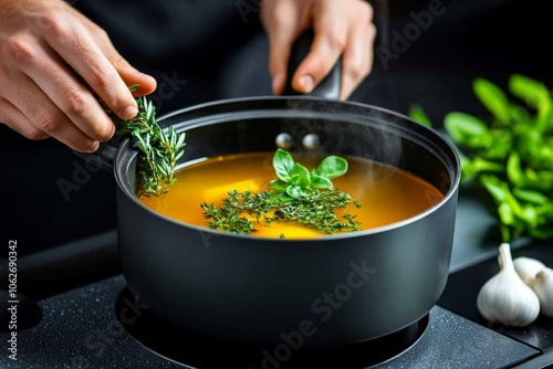 A chef carefully simmering a pot of broth, with herbs and vegetables releasing flavors in the clear, golden liquid photo