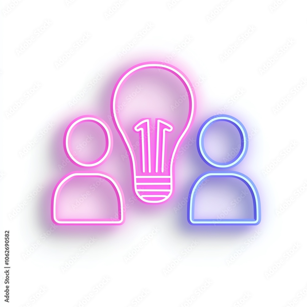 Creative collaboration symbol with neon lightbulb and two abstract figures. Creative collaboration symbol with neon lightbulb and two abstract figures.