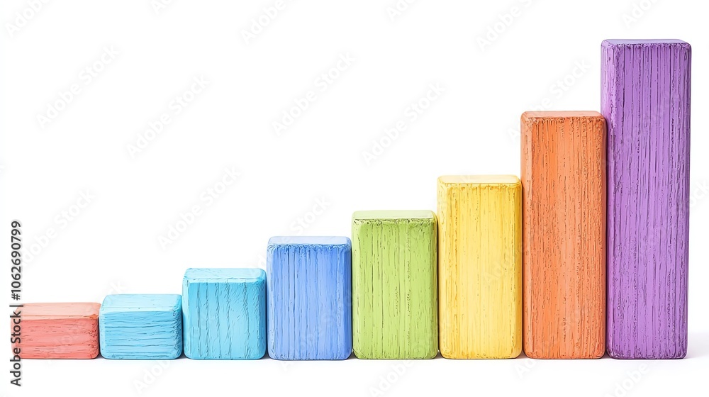 Colored wooden blocks arranged in a bar graph, white background. Colored wooden blocks arranged in a bar graph, white background.